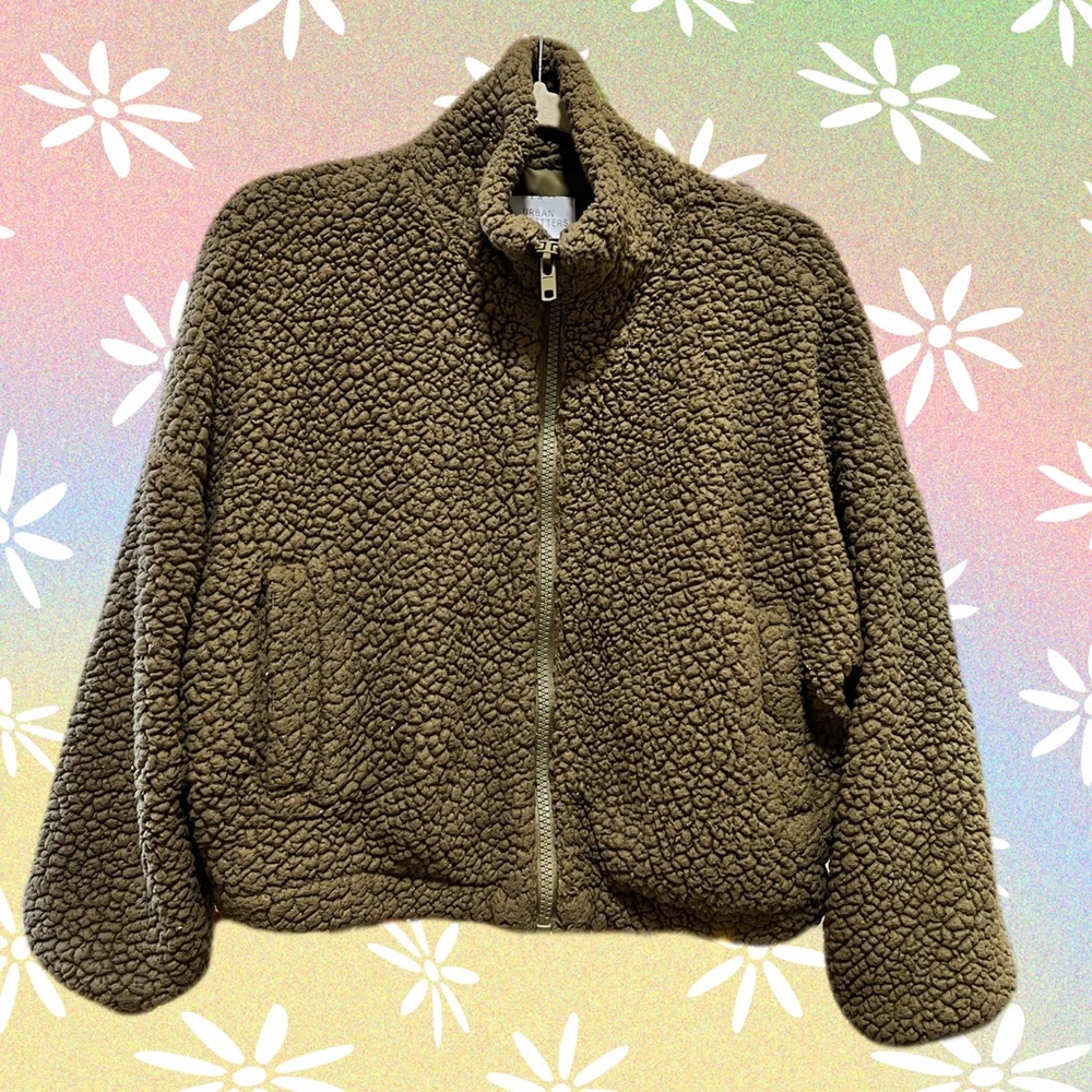 Urban Outfitters Teddy Fleece Jacket - XS, Olive Brown 🧸